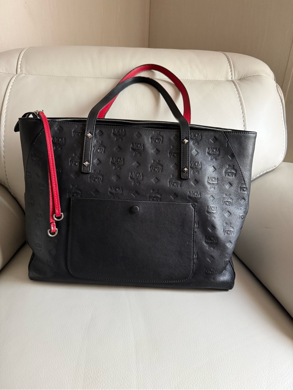 MCM Black Leather Tote with Red Handle and Zip Pull